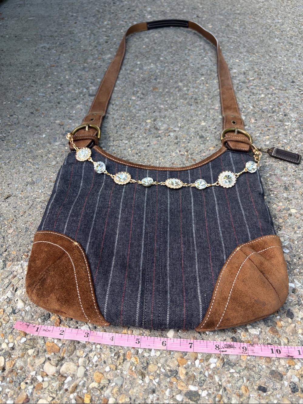 Rare Y2K Vintage Coach Denim Pinstripe Suede Shoulder/Crossbody Bag - Picture 14 of 17